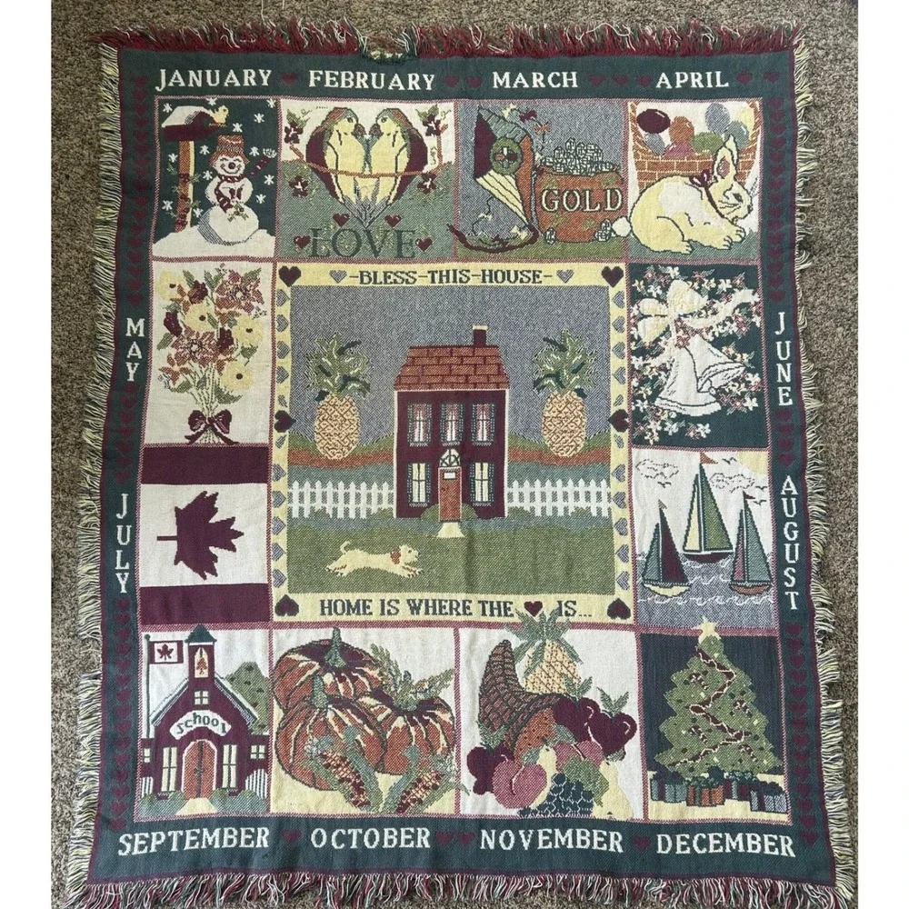 Vintage Woven Tapestry Throw Blanket Calendar Months Seasons Americana #965